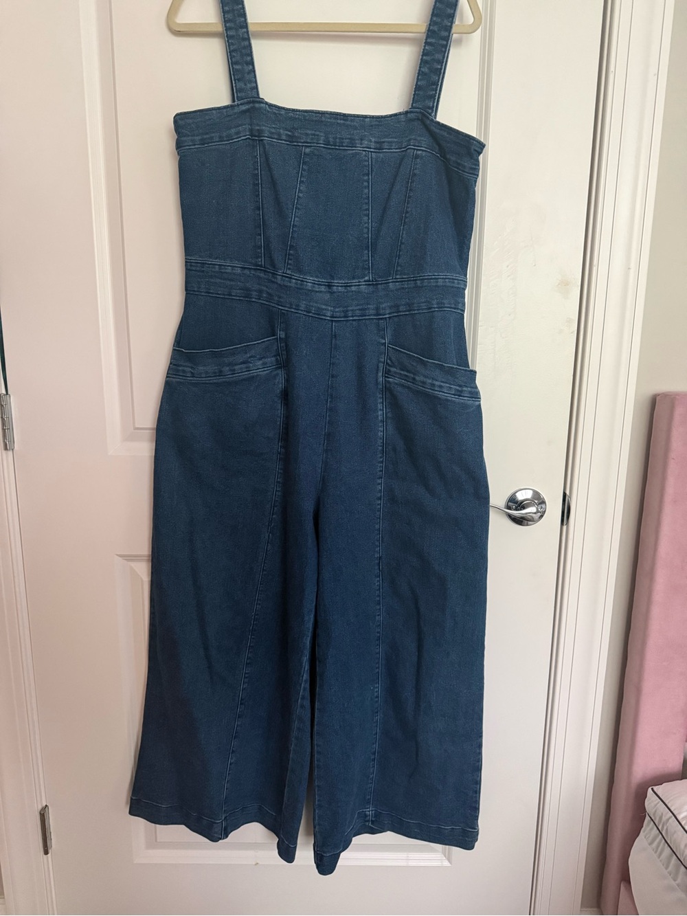 Classic Denim Wide-Leg Strap Jumpsuit in Blue